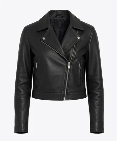 Womens Black Biker Cropped Leather Jacket