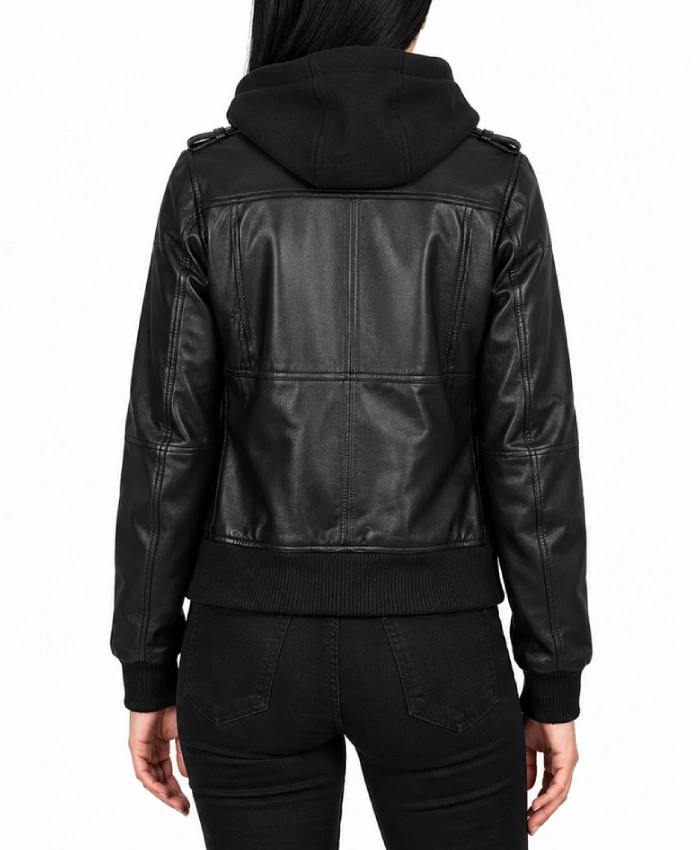 Women Bomber Real Leather Jacket with Removable Hood in Black