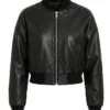 Womens Black Drop Shoulder Cropped leather Bomber Jacket