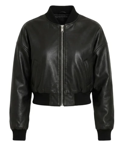 Womens Black Drop Shoulder Cropped leather Bomber Jacket