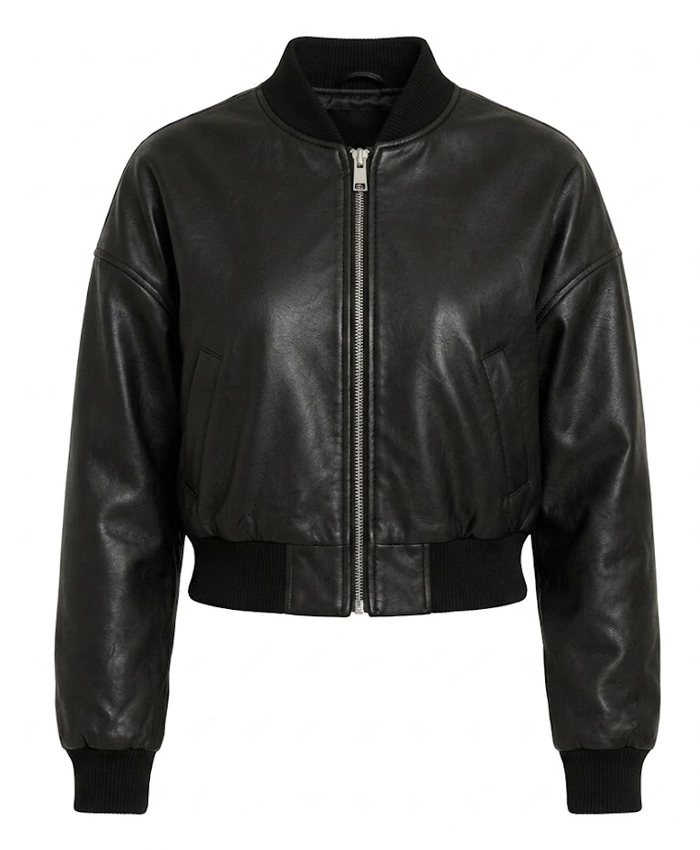 Womens Black Drop Shoulder Cropped leather Bomber Jacket