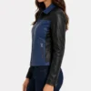 Color Block Blue and Black Leather Jacket for Womens