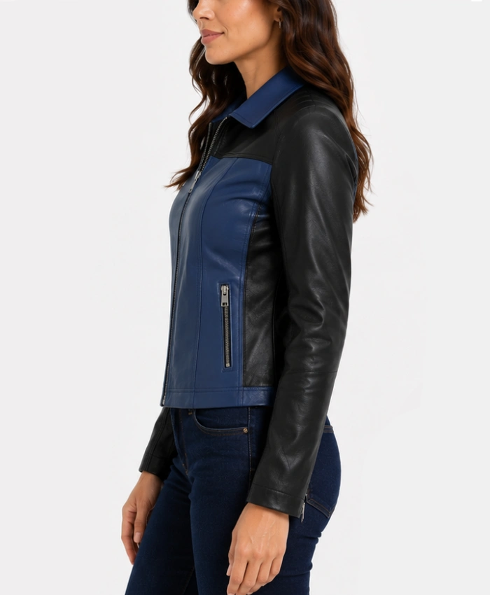 Color Block Blue and Black Leather Jacket for Womens