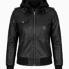Black Bomber Real Leather Jacket with Removable Hood for Womens