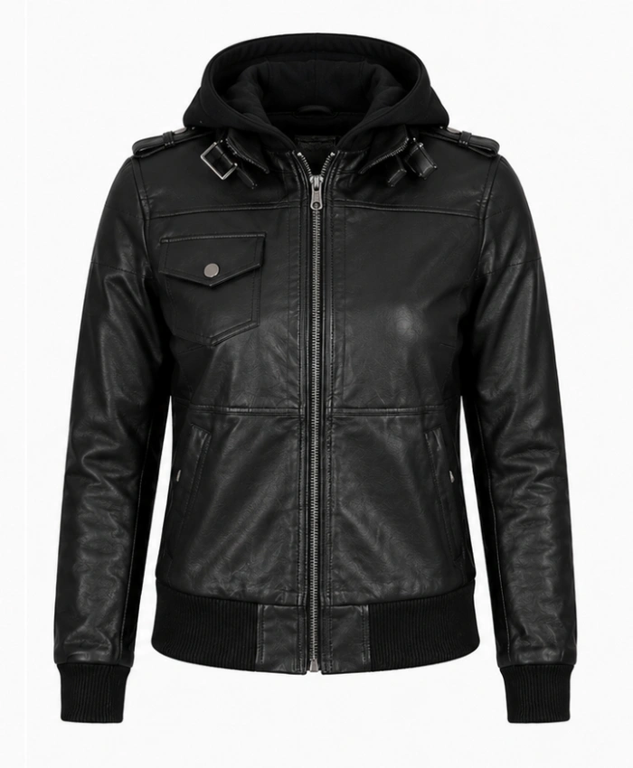 Black Bomber Real Leather Jacket with Removable Hood for Womens