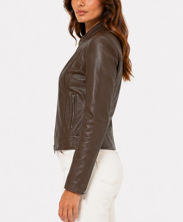 Womens Cafe Racer Leather Jacket in Brown