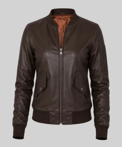Womens Brown Sheepskin Leather MA-1 Aviator Jacket
