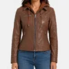 Cognac Brown Leather Jacket With Removable Hood for Women