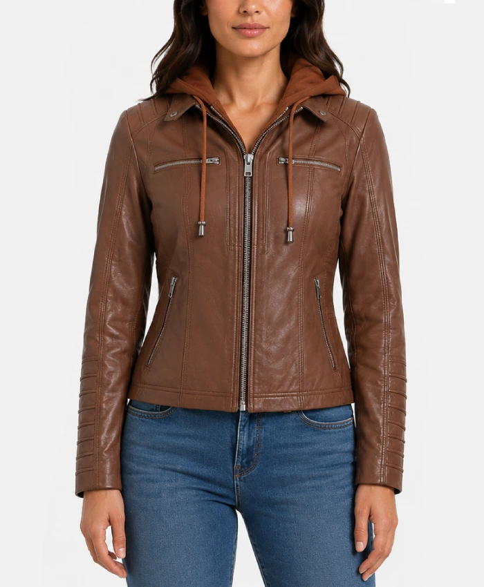 Cognac Brown Leather Jacket With Removable Hood for Women