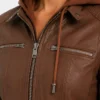 Brown Cognac Leather Jacket With Removable Hood for Womens