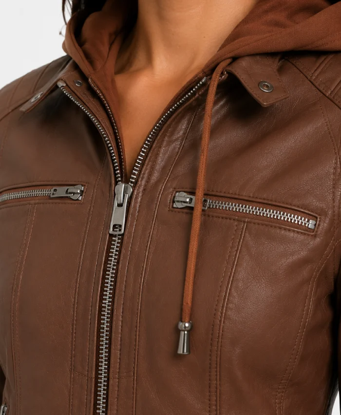 Brown Cognac Leather Jacket With Removable Hood for Womens
