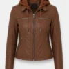 Women's Cognac Leather Brown Jacket With Removable Hood