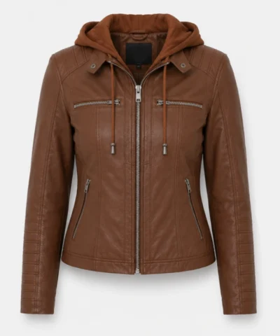 Women's Cognac Leather Brown Jacket With Removable Hood