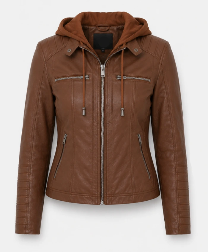 Women's Cognac Leather Brown Jacket With Removable Hood