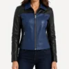 Womens Color Block Blue and Black Leather Jacket on sale