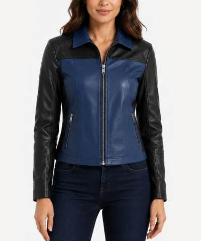 Womens Color Block Blue and Black Leather Jacket on sale