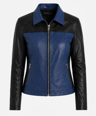 Shop Womens Color Block Blue and Black Leather Jacket