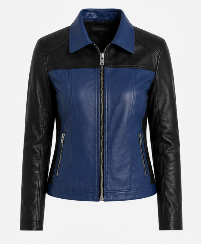 Shop Womens Color Block Blue and Black Leather Jacket