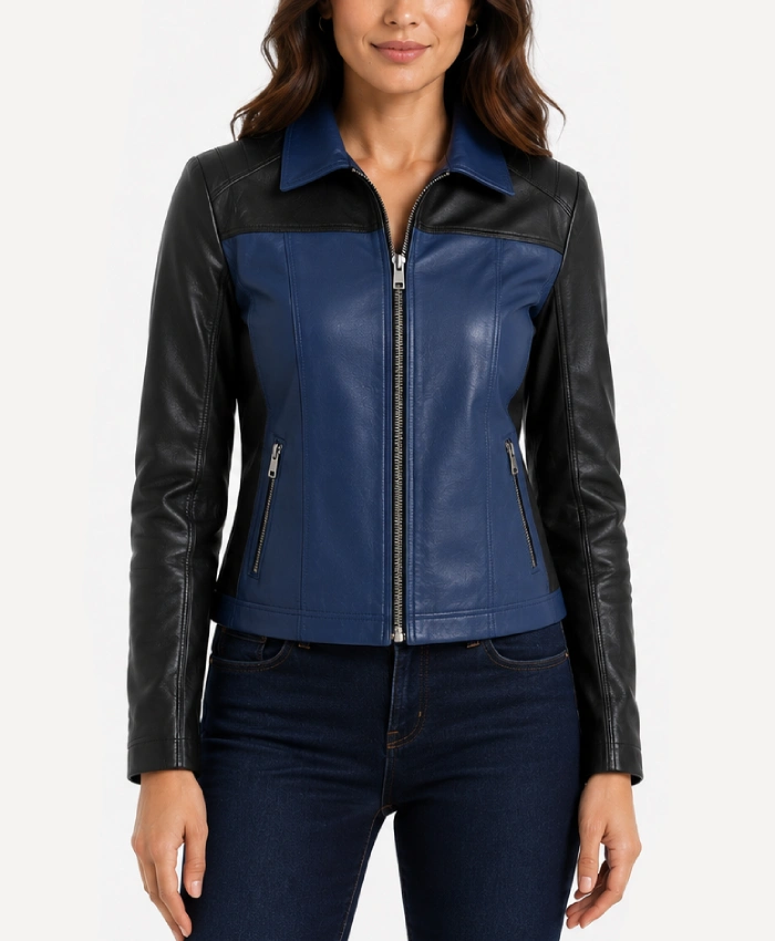 Womens Color Block Blue and Black Leather Jacket on sale