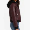 Womens Real Leather Burgundy Bomber Jacket with Removable Hood