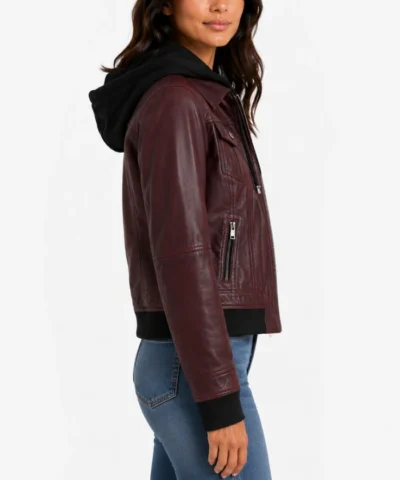 Womens Real Leather Burgundy Bomber Jacket with Removable Hood