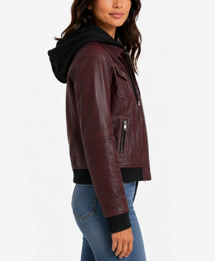 Womens Real Leather Burgundy Bomber Jacket with Removable Hood