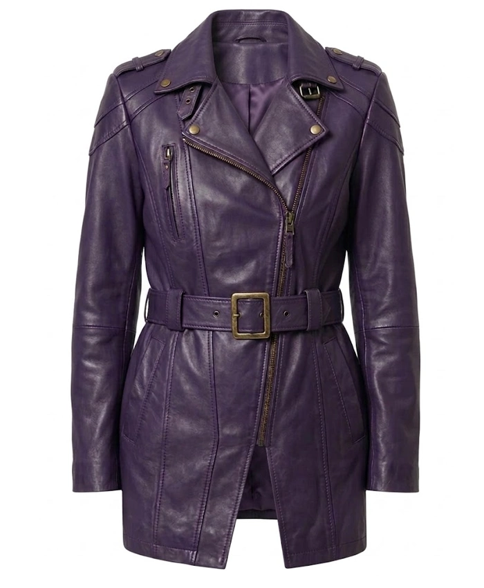 Womens Length Lambskin Leather Purple Coat