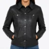 Women Black Minimalist Lambskin Leather Shacket