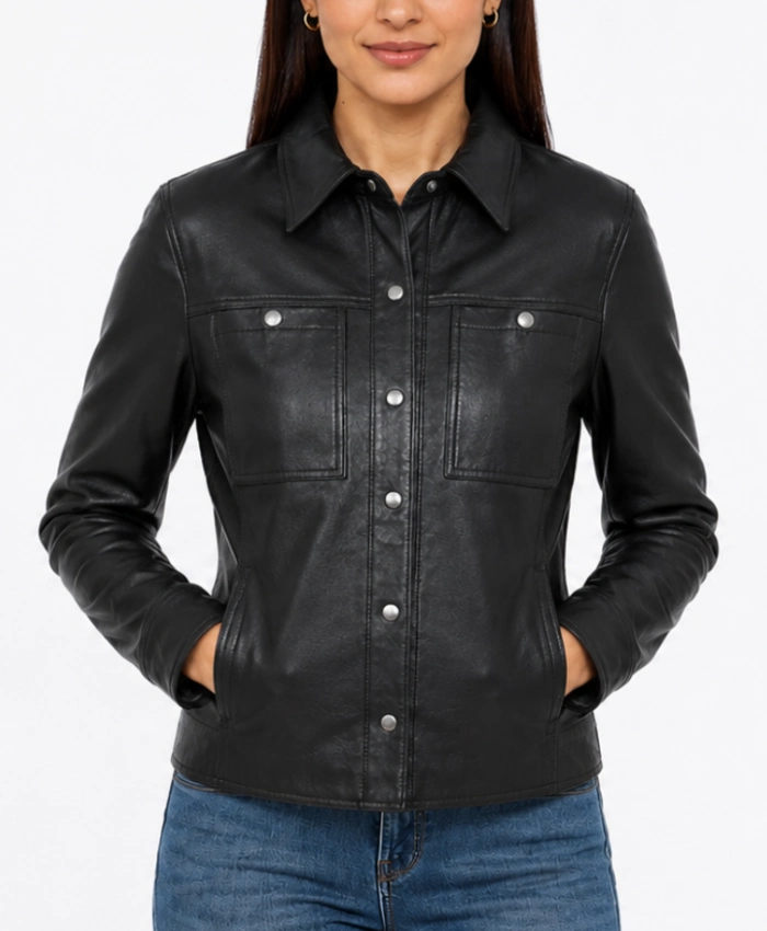 Women Black Minimalist Lambskin Leather Shacket