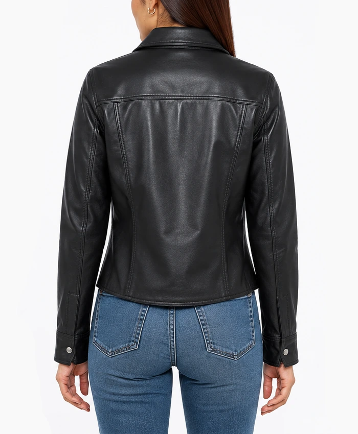Women’s Minimalist Lambskin Leather Shacket in Black