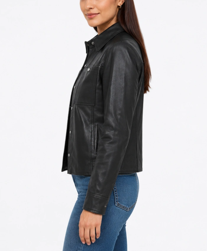 Womens Minimalist Black Lambskin Leather Shacket