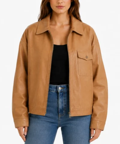 Oversized Drop Shoulders Tan Leather Jacket for Womens