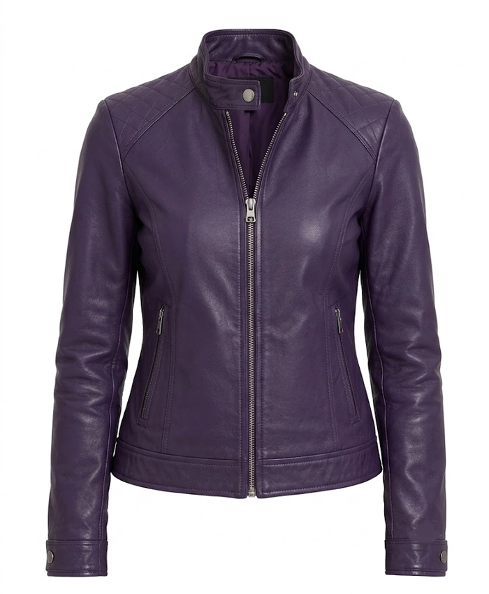 Womens Purple Cafe Racer Leather Jacket
