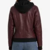Real Leather Womens Burgundy Bomber Jacket with Removable Hood