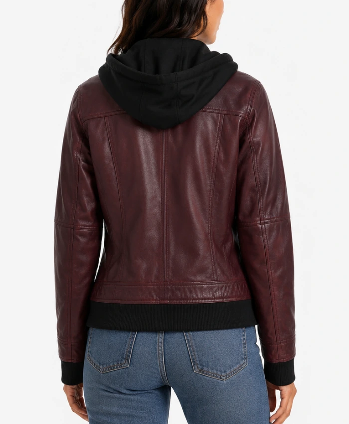 Real Leather Womens Burgundy Bomber Jacket with Removable Hood