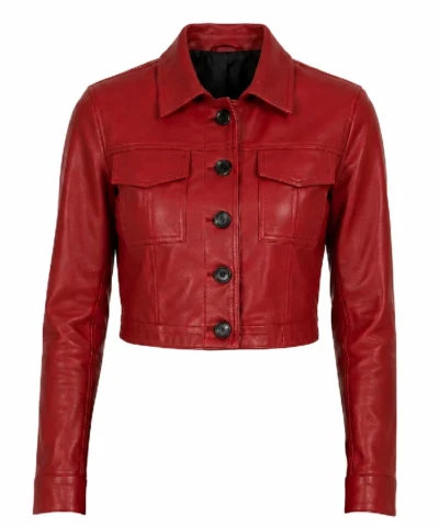 Womens Red Wax Cropped Harrington Leather Jacket For Sale
