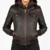 Roslyn Hooded Brown Leather Bomber Jacket