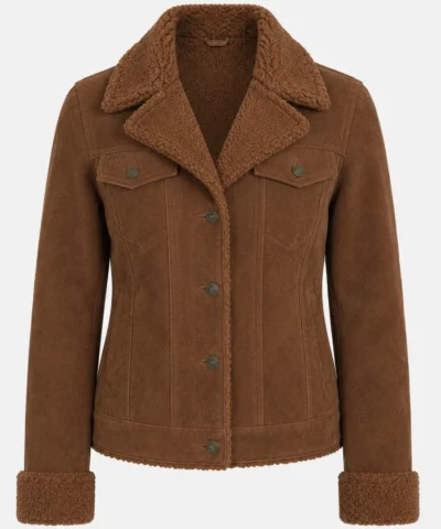 Womens Shearling Suede Leather Trucker Jacket