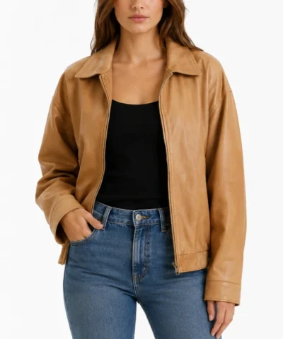 Womens Tan Leather Jacket in Slochy style