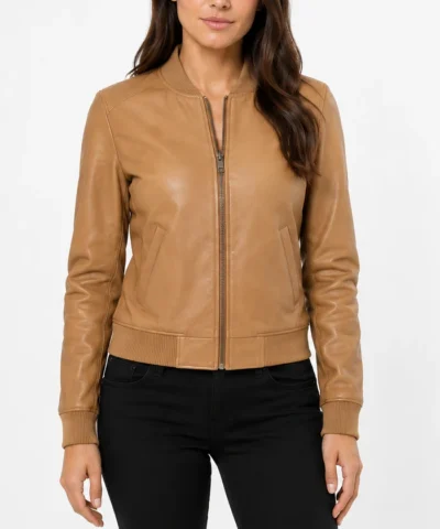 Womens Tan Leather Bomber Jacket​
