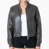 Womens Waxed Cropped Bomber Leather Jacket