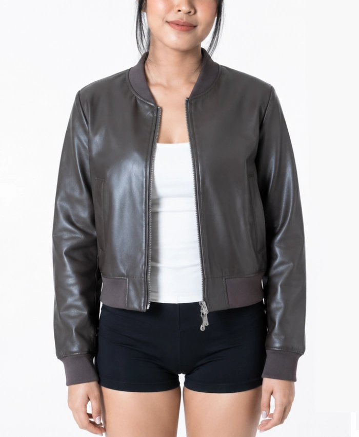 Womens Waxed Cropped Bomber Leather Jacket