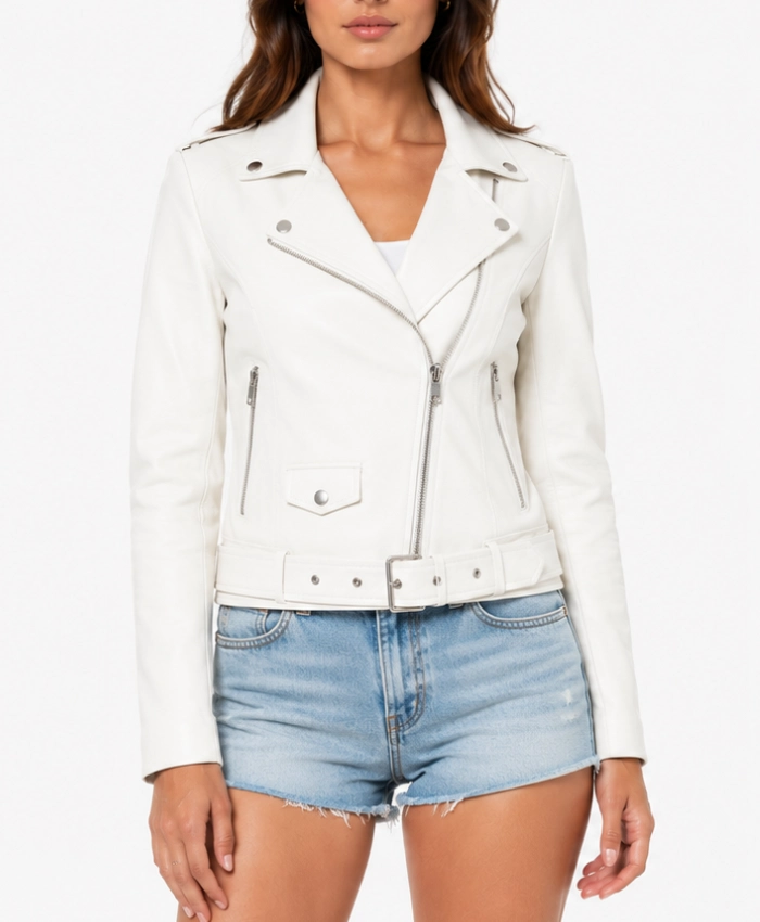 White Leather Motorcycle Jacket for Womens