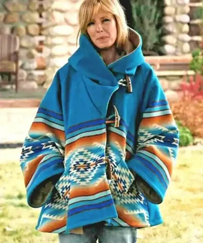 Womens Yellowstone Beth Dutton Turquoise Blue Hooded Wool Coat front