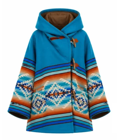 Yellowstone Beth Dutton Turquoise Blue Hooded Wool Coat Front