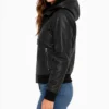 Women Leather Black Bomber Jacket With Removable Hood​
