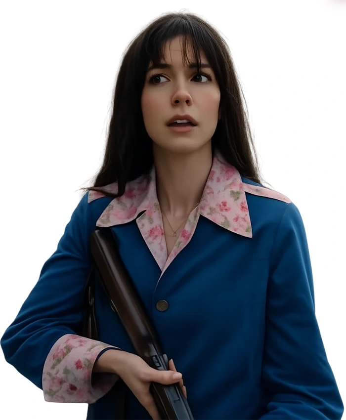 Anne Hathaway TV Movie The End of Oak Street Denise Blue Floral Coat