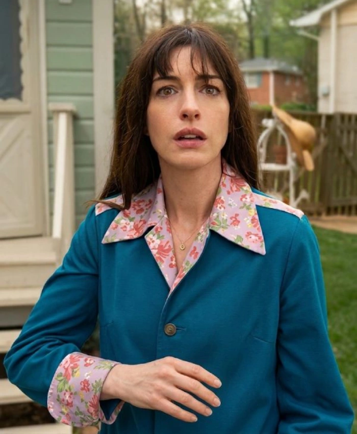 Anne Hathaway The End of Oak Street 2026 Denise Blue Floral Coat
