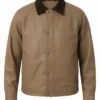 Beige Leather Barn Jacket with Raglan Sleeves