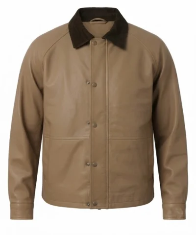 Beige Leather Barn Jacket with Raglan Sleeves